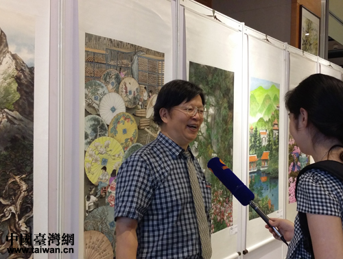 中華現代國畫研究學會(臺灣)理事長陳銘顯介紹參展的臺灣畫作