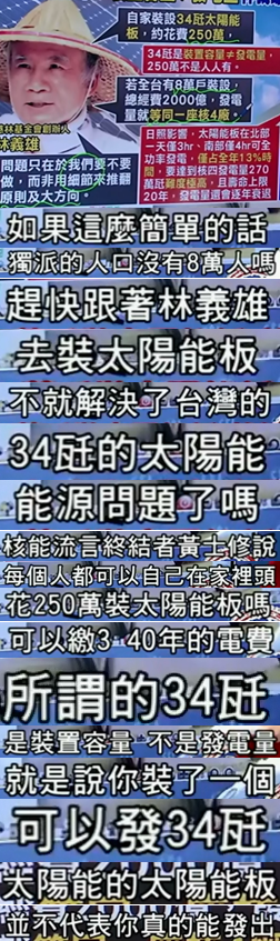 8萬戶裝太陽能板就能比過核4?林義雄請多讀點(diǎn)專業(yè)書吧【臺灣包袱鋪】 8萬戶裝太陽能板就能比過核4?林義雄請多讀點(diǎn)專業(yè)書吧【臺灣包袱鋪】