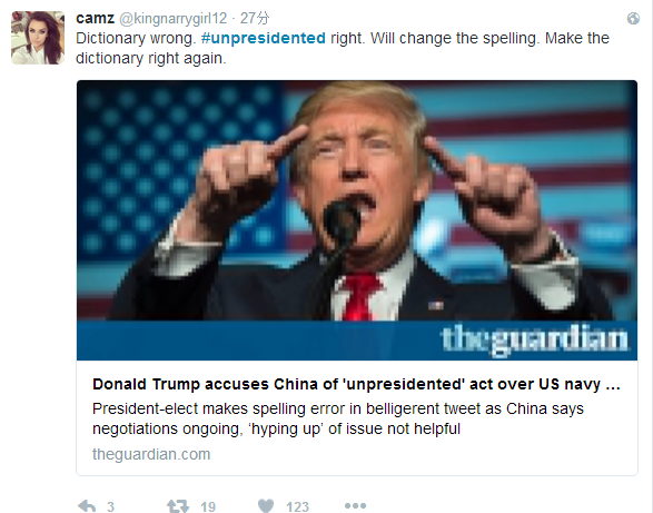 網友camz:詞典錯了,Unpresidented才是對的,快點更正拼寫。讓詞典重新正確!