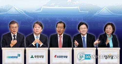 資料圖:左起依次是文在寅、安哲秀、洪準杓、劉承旼、沈相奵。(圖片來源:韓聯社)