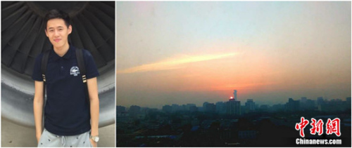 圖一:來自臺灣高雄的方學(xué)緯(左),8日清晨拍下他來中國農(nóng)業(yè)大學(xué)后的第一個日出(右),他說,看到日出有種大學(xué)新生活即將展開的感覺,所以順手拍下。(方學(xué)緯供圖)